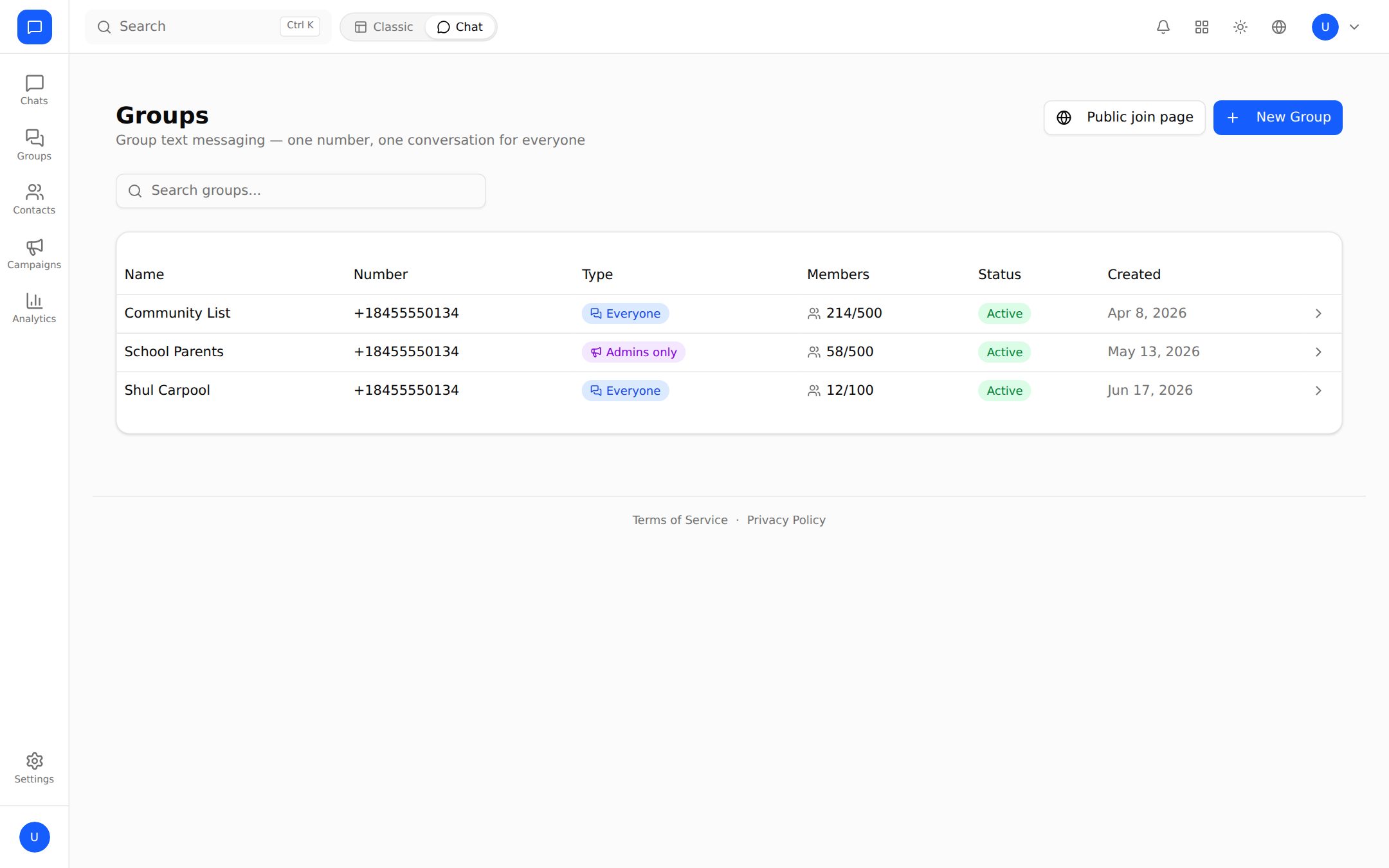 Groups — every list with its number, members and status