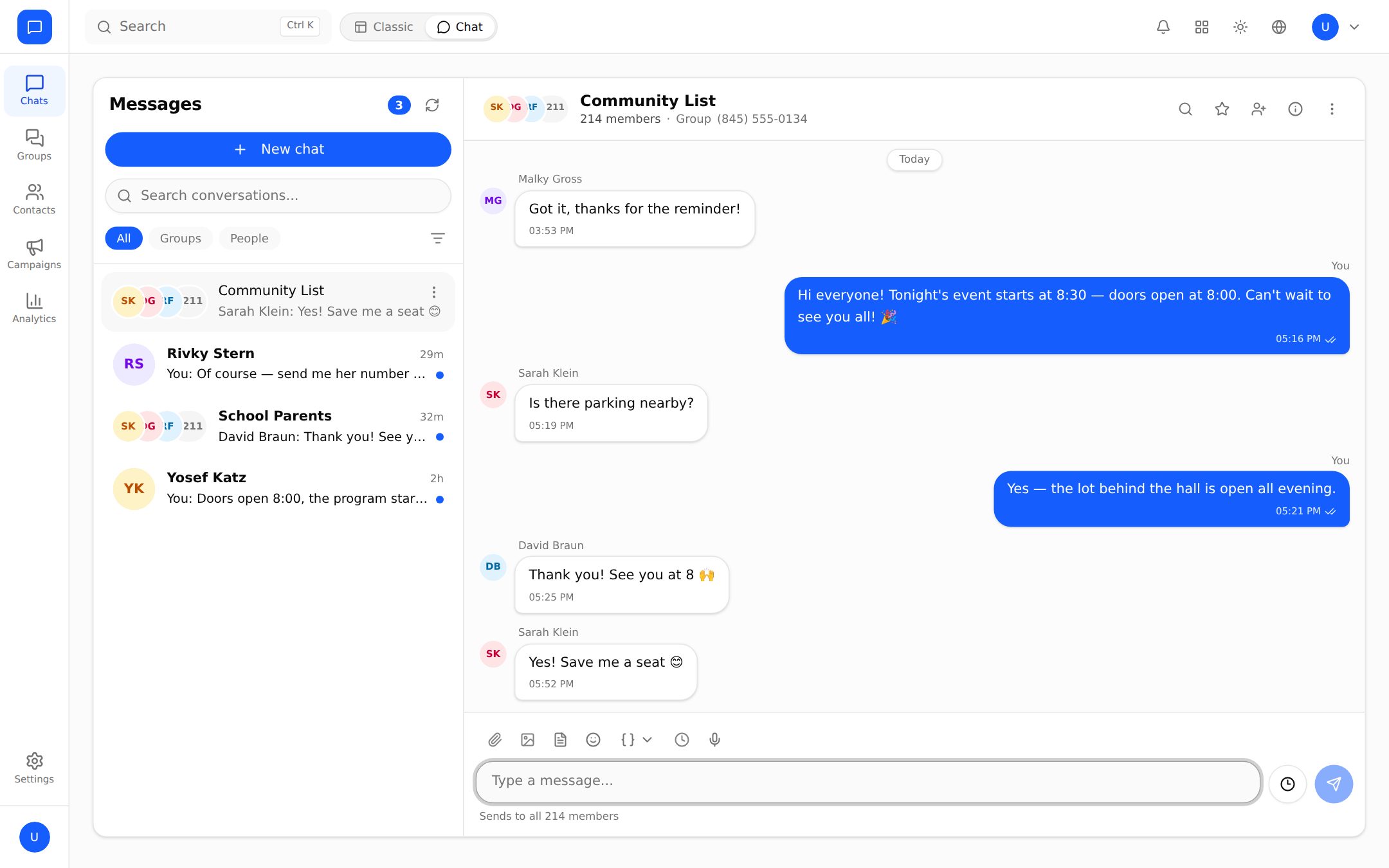 The inbox — people and groups side by side, every conversation in one place